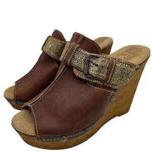 Reba Brown Leather & Gold Glitter Platform Wedge Sandals Size 40